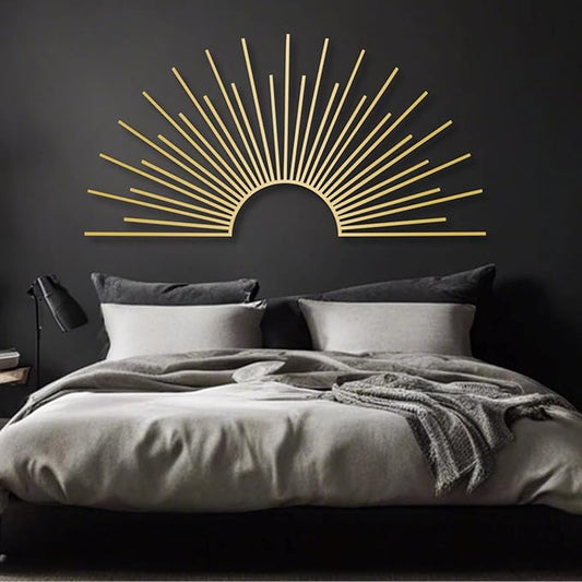 Yemwot Sun Metal Wall Decor, Metal Sun Wall Decor Outdoor, Sunrise Art, Minimalist Line Art, Boho Sign, Living Room, Bedroom or Outdoor Hangings (Gold, 29"x 14"| 76x38cm)