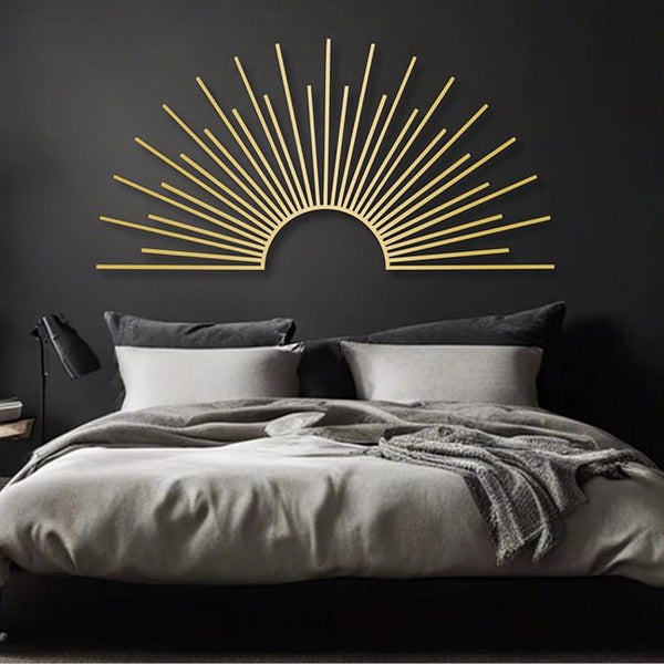 Yemwot Sun Metal Wall Decor, Metal Sun Wall Decor Outdoor, Sunrise Art, Minimalist Line Art, Boho Sign, Living Room, Bedroom or Outdoor Hangings (Gold, 29"x 14"| 76x38cm)