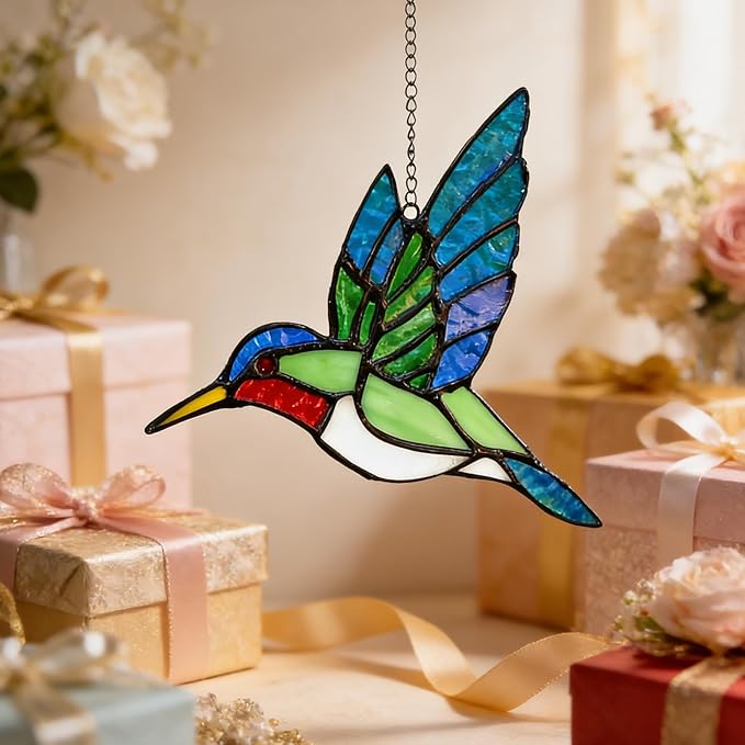Hummingbird Stained Glass Suncatcher for Window Hanging Handmade Colorful Glass Bird Sun Catcher for Indoor Outdoor Decor,Ruby Throated Hummingbird Gift for Women,Mom,Nature Lovers