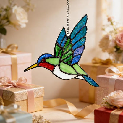 Hummingbird Stained Glass Suncatcher for Window Hanging Handmade Colorful Glass Bird Sun Catcher for Indoor Outdoor Decor,Ruby Throated Hummingbird Gift for Women,Mom,Nature Lovers
