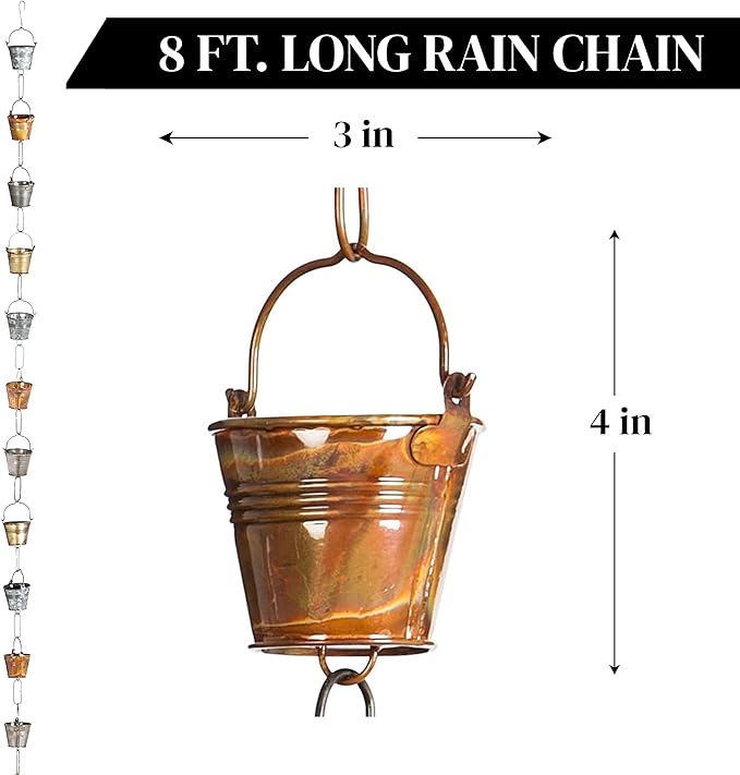 Evergreen Iron Buckets 8 foot Metal Rain Chain - Gutter Downspout Diverter, Decorative Garden Rain Catcher, Outside, Garden, Patio, and Deck