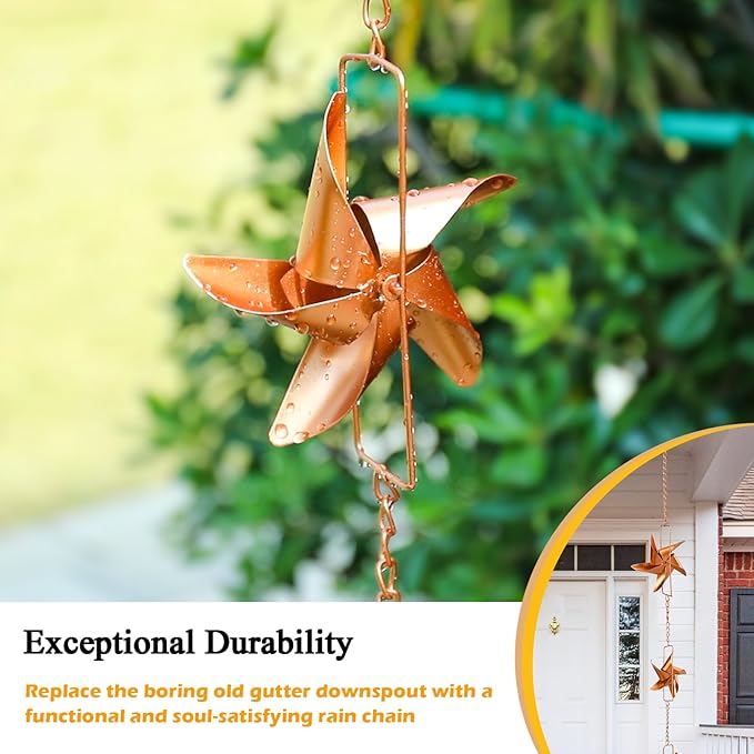taman Rain Chain Set, 6ft Windmill Rain Chain for Gutters,Copper Rain Chain Cups to Replace Gutter Downspout, Divert Water, 6 Cups, Rose Gold