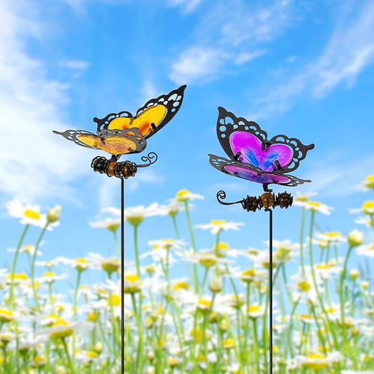 Butterfly Garden Stakes,Butterfly Kit Made of Glass and Metal,Colorful Butterflies Garden Decorations Can Make the Garden Full of Color and Vitality. (Yellow and Purple)