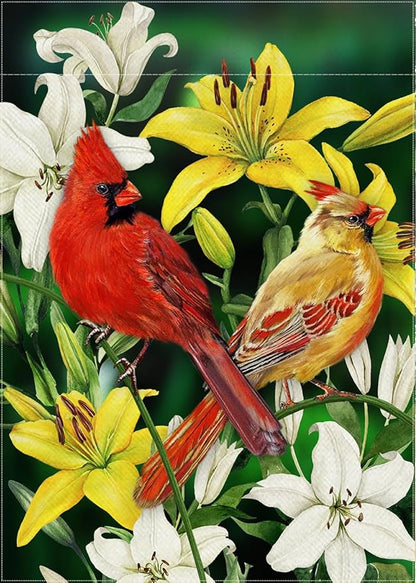 Furiaz Decorative Cardinal Flower Spring Small Garden Flag Double Sided, Red Yellow Birds Home Floral Lily Burlap Outside House Yard Decoration, Summer Green Seasonal Outdoor Décor Flag 12.5 x 18