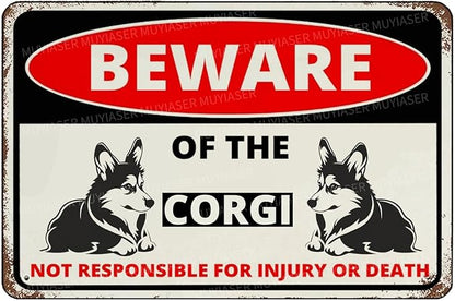 Beware Of The Dog Corgi Sign Aluminum Metal Tin Signs Outdoor Yard Sign Warning Sign For Fence Yard Home Kitchen Farm Garden Wall Decor 8x12 Inch