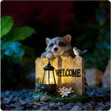 Solar LED Garden Statue with Raccoon and Welcome Sign, Outdoor Decorative Lantern with Bird and Flowers for Porch, Patio or Yard