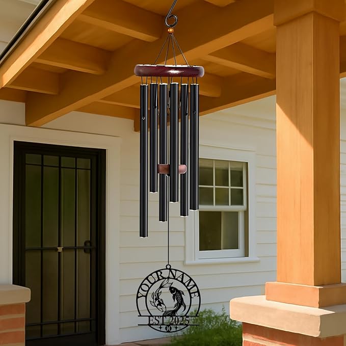 Personalized Customize Name 12 Zodiac Signs Wind Chime, Metal Iron 37 Inch Outdoor Memorial Gift for Garden Yard Patio Home Decor, Black (Pisces)