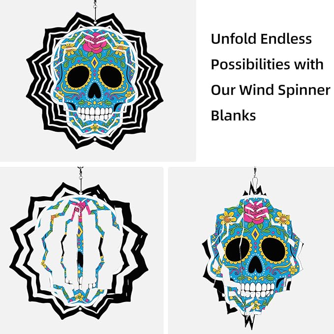 8 Inch Sublimation Wind Spinner, 3D Aluminum Metal Wind Spinner with Hook, Indoor Yard Garden Hanging Decoration, Weather Resistant Rotating Spiral Ornament, Colorful Sugar Skull