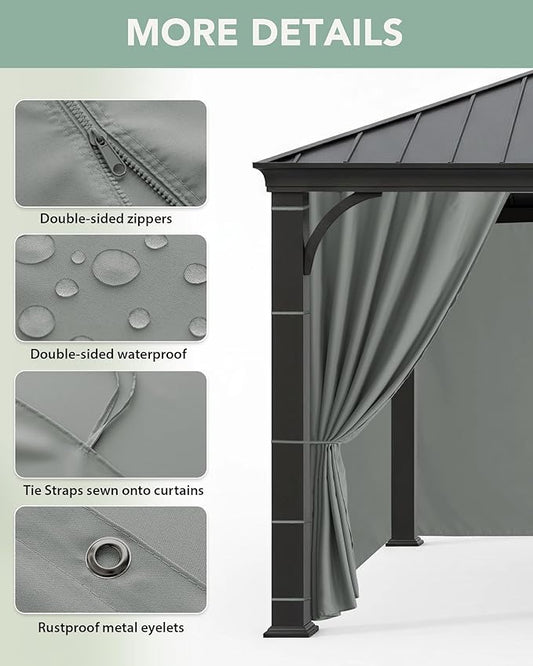 Patio Curtains Outdoor Waterproof - 10'Wx12'Lx7'H Weatherproof Pergola Outside Curtains, Gazebo Universal Replacement Privacy Curtains, 4 Panels Sidewall Drapes with Zipper, Grey