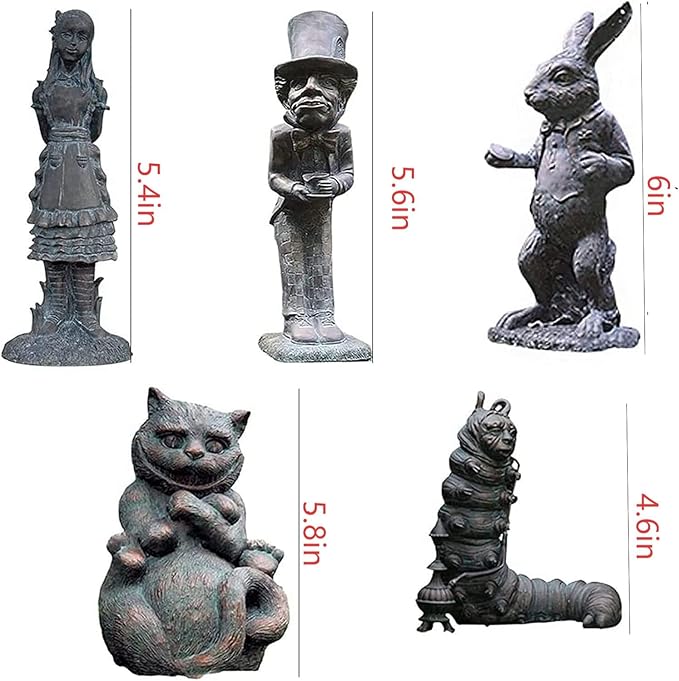 5PCS Alice in Wonderland Garden Decor Statue Set - Wonderland-Like Garden Decoration Fairy with Hand Cast Stone Resin for Indoor Outdoor Garden Patio Lawn Yard