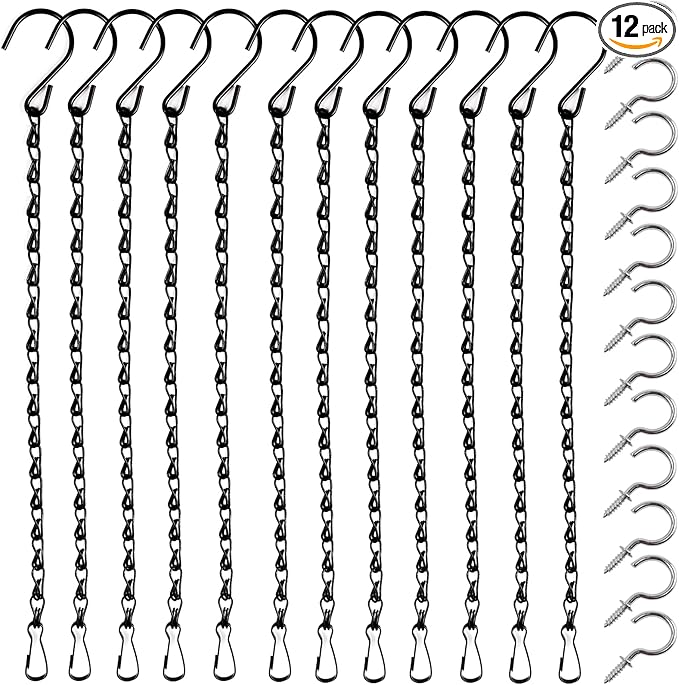 ROYHOO 12PCS 9.5 Inch Black Hanging Chains with 12pcs Ceiling Hooks, Garden Plant Hangers for Hanging Bird Feeders, Billboards, Chalkboards, Basket, Planters, Lanterns, Wind Chimes