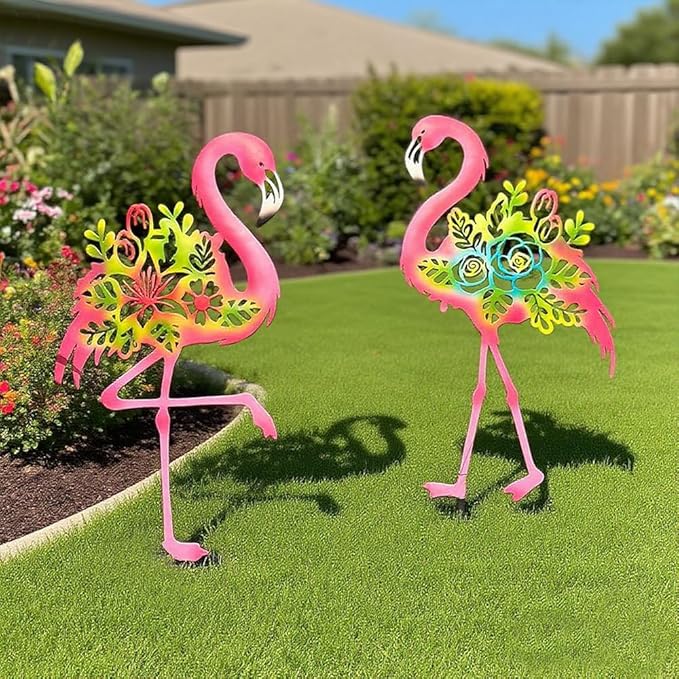 Pink Flamingo Garden Statue - 20.5 inch Hand Flamingo Painted Metal Patio Art, Outdoor Decorative Stake Flamingo Statue for Lawn, Patio, Porch and Backyard, Gifts for Ladies (B Style 2 Pack)