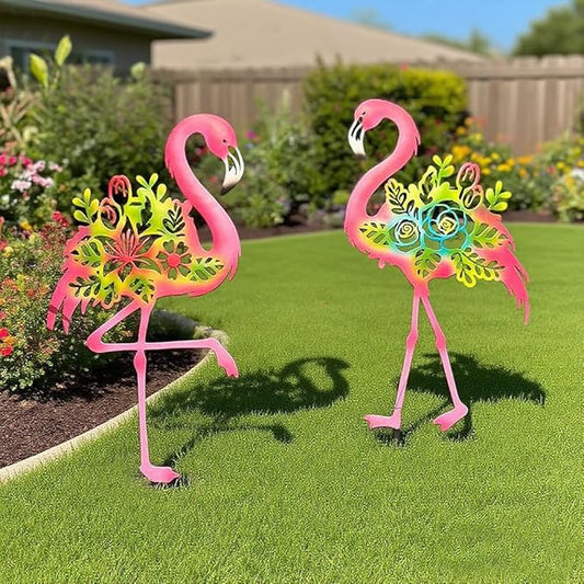 Pink Flamingo Garden Statue - 20.5 inch Hand Flamingo Painted Metal Patio Art, Outdoor Decorative Stake Flamingo Statue for Lawn, Patio, Porch and Backyard, Gifts for Ladies (B Style 2 Pack)