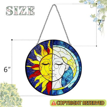 Sun Catchers Indoor Window Sun and Moon Stained Glass - Handmade Stained Glass Suncatchers Hanging with Hook and Chain - Outdoor Garden Decor Housewarming Gift for Christmas and Thanksgiving