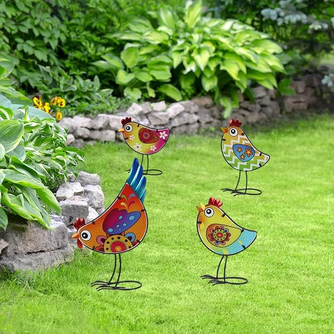 4 Pack Chicken Garden Decor for Outside, Rooster Glass & Metal Yard Art Decoration for Porch Patio, Bird Garden Statues Gifts for Grandma Mom Women (Colorful)