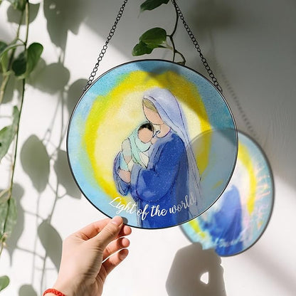 8'' Virgin Mary and Jesus Religious Ornament, Stained Glass Window Hanging, Sun Catcher Window Decor, Christian Holiday Decor, Gifts for Christmas, Christian Gift, Religious Gift
