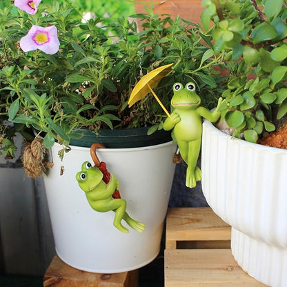 2 Pack Flower Pot Edge Hanging Frog Plant Pot Decorations Small Frog Figurine Holding Umbrella Resin Frogs Creative Ornaments for Home, Yard, Flower Pots