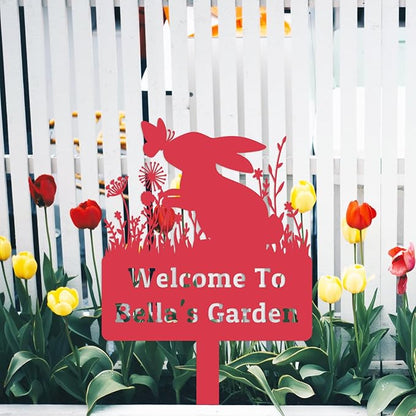 Personalized Rabbit Garden Sign, Custom Rabbit Garden Stake Bunny Silhouette Garden Sign, Bunny Metal Yard Art, Flowers Rabbit Bunny Outdoor Yard Sign Lawn Decor Patio Sign