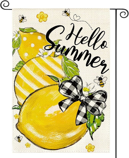 AVOIN colorlife Hello Summer Garden Flag 12x18 Inch Double Sided Outside, Lemon Bee Rustic Seasonal Yard Outdoor Flag