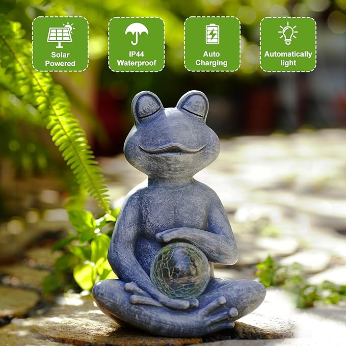 Meditating Yoga Frog Statue with Solar LED Light Ball - 6.8L x 9.65H Zen Garden Figurines for Home and Garden Decor, Frog Decorations Gift Ideas, Gifts for Women Mom