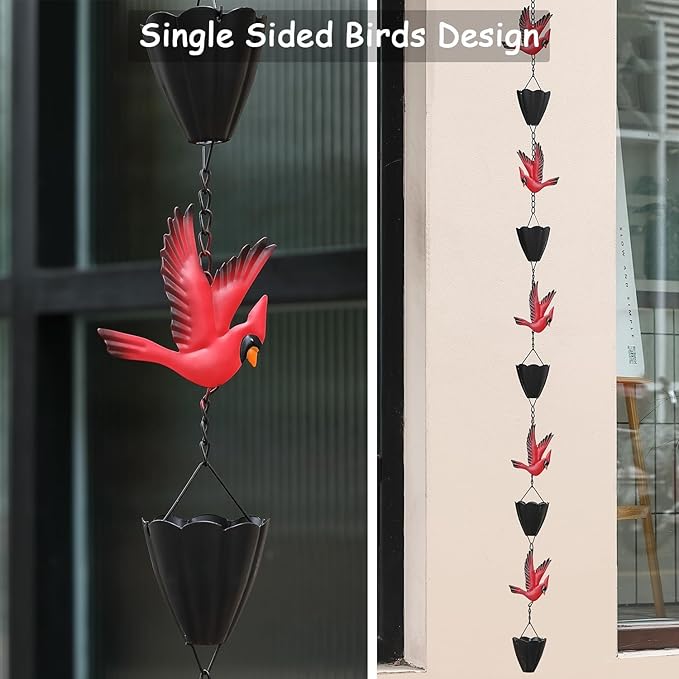 Cardinal Rain Chain, 8.5Ft Rain Chains for Gutters and Downspouts, Metal Decorative Rain Catcher Chain, Bird and Cup Rainwater Gutter Chimes for Outside, Outdoor Garden Decor
