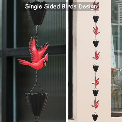 Cardinal Rain Chain, 8.5Ft Rain Chains for Gutters and Downspouts, Metal Decorative Rain Catcher Chain, Bird and Cup Rainwater Gutter Chimes for Outside, Outdoor Garden Decor