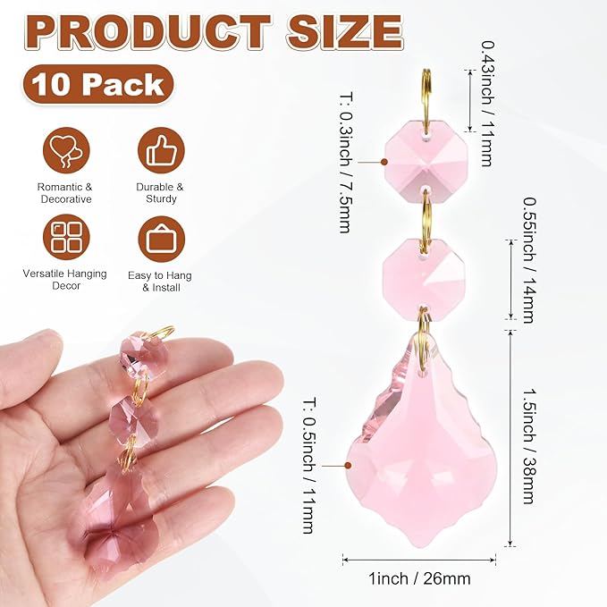 M METERXITY 10PCS Crystal Suncatcher 2 Leaves Prisms Pendants Ornament, 38mm Chandelier Hanging Crystal Sun Catcher Beads for Home Garden Windows Wedding DIY Decoration [Pink]