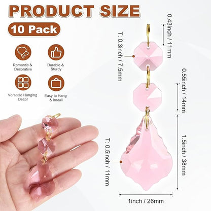 M METERXITY 10PCS Crystal Suncatcher 2 Leaves Prisms Pendants Ornament, 38mm Chandelier Hanging Crystal Sun Catcher Beads for Home Garden Windows Wedding DIY Decoration [Pink]