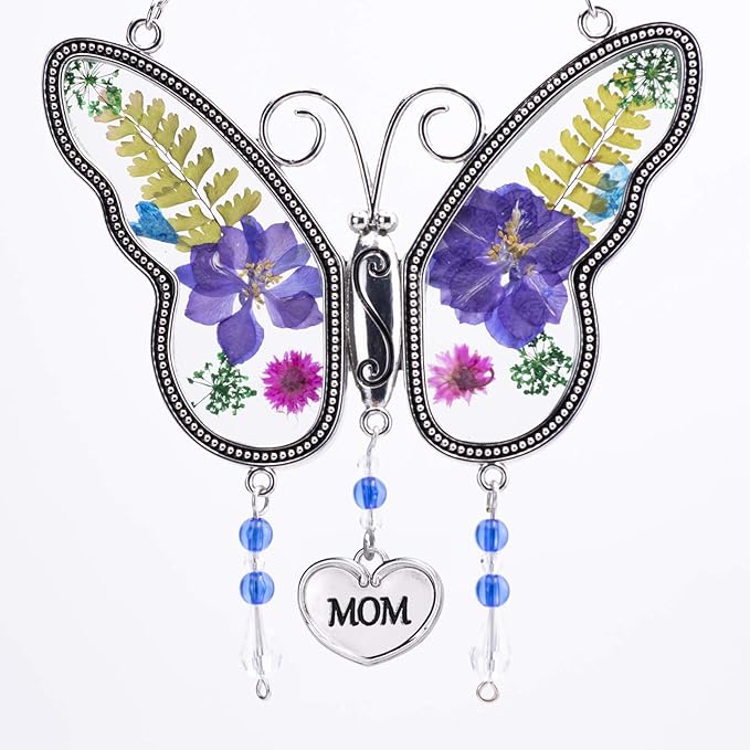 Laraine Butterfly Suncatcher with Pressed Flower Wings Mother's Day Butterfly Glass Wind Chime Ornament Charm with Metal Heart Gifts for Mom Grandma Birthday (Purple Mom (with Free Hook))