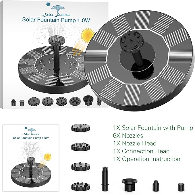 AISITIN Solar Bird Bath Fountain Pump, Solar Fountain for Bird Bath with 6 Nozzles, Solar Powered Water Fountain Pump for Garden, Ponds, Pool, Fish Tank and Outdoor