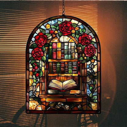 Floral Library Bookshelf Acrylic Suncatcher Stained Glass Effect Window Car Hanging Christmas Ornament Indoor Outdoor Decor Garden Sun Catcher Panel for Book Lover for Women Mom Grandma