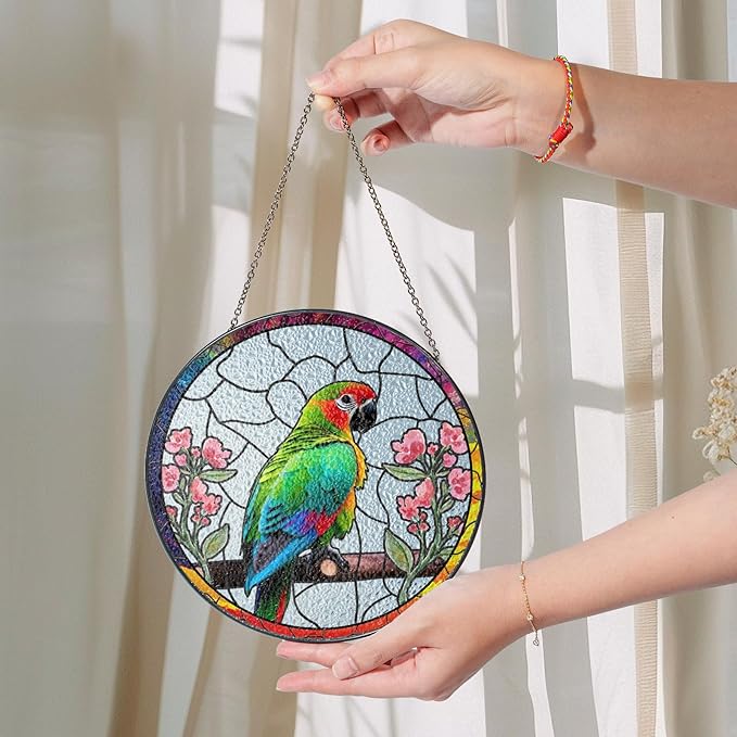 6" Parrot and Flowers Stained Glass Suncatcher Art Glass Bird and Flower for Sun Catcher Indoor Window Gift for Pet Animal Nature Floral Lover Women Mom Friend Painted Glass Panel Décor BIRD-03B-SG6