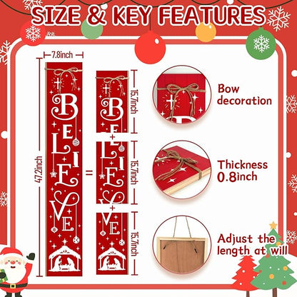 Christmas Porch Sign Believe Nativity Welcome Sign for Front Porch, Red ChristianWood Signs for Patio Jesus Tall Standing Wooden Yard Sign Bless Xmas Decoration for Indoor Outdoor