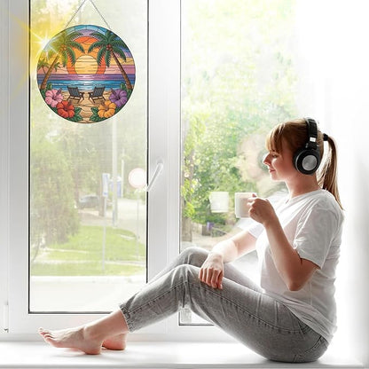 VAIIEYO Beach Sun Catcher Stained Glass Window Hanging Ornament, Handmade Summer Sun Catcher Chair Decoration with Hooks for Window Garden Home, Mother's Day & Birthday Housewarming Gift (7.8 inch)