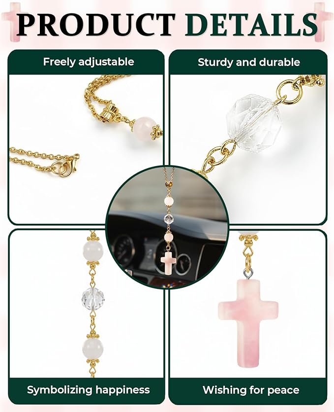 2PCS Crystal Cross for Car Mirror Hanging, Cute Healing Stones Car Rear View Charm Accessories Ornament for Sun Catcher