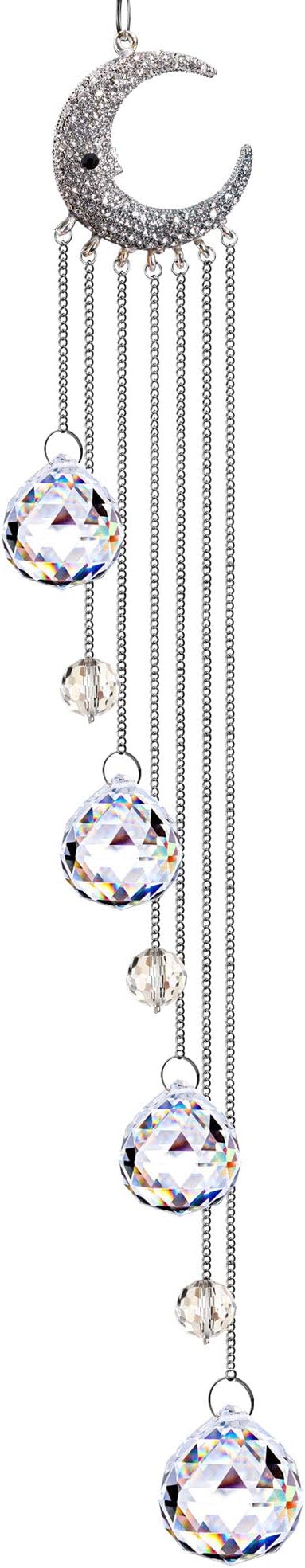 20.5inch Hanging Clear Crystal Suncatcher Ornaments with Moon Decor Rainbow Maker Crystal Beads Ball Prisms Ornament for Christmas Tree