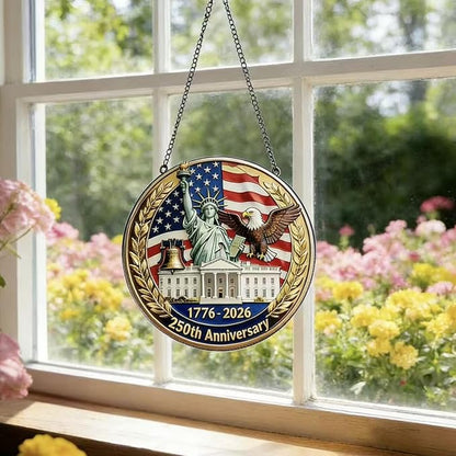250th Anniversary America Round Ornament,1776-2026 Years with Freedom USA Flag Designs Patriotic Acrylic Stained Glass for Garden Decor Independence Day Sun Catcher for Home Supplies