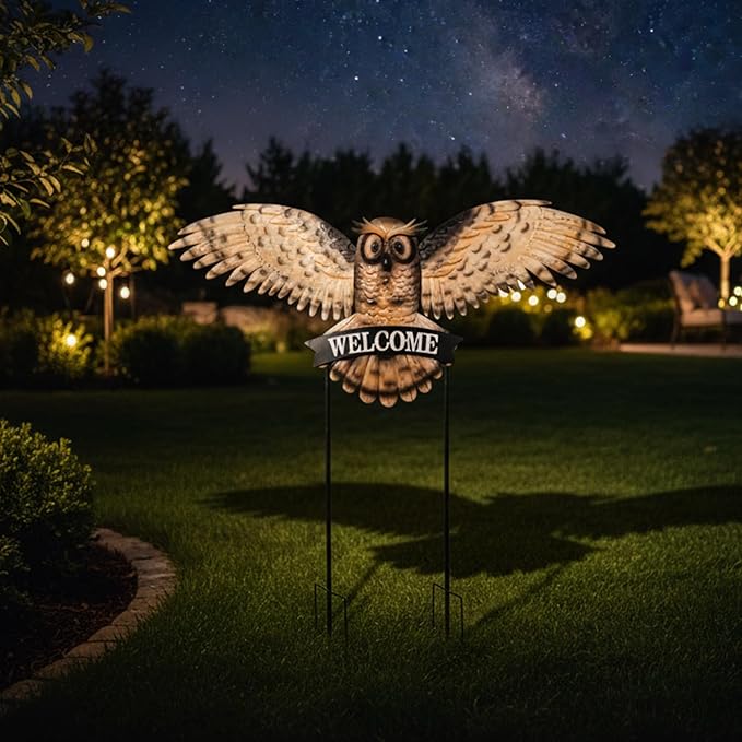 Decorative Garden Stakes Large Vintage Owl with Welcome Sign for Front Door 37.2W*35.2H, Metal Yard Art Oversized Rustic Lawn Ornaments Outdoor Decor for Mothers Day Garden Gifts