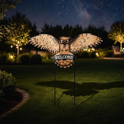 Decorative Garden Stakes Large Vintage Owl with Welcome Sign for Front Door 37.2W*35.2H, Metal Yard Art Oversized Rustic Lawn Ornaments Outdoor Decor for Mothers Day Garden Gifts