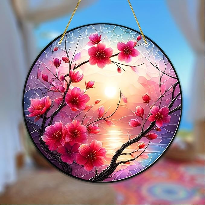 Banax Stained Glass Window Hanging Sunrise Suncatcher, 8 Inch Round Plum Blossom Glass Sun Catcher for Window Wall Art for Home, Patio, Porch, Outdoor Garden Décor Gift