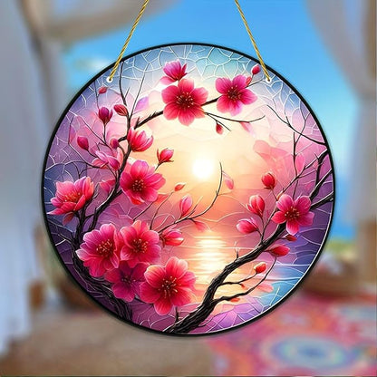 Banax Stained Glass Window Hanging Sunrise Suncatcher, 8 Inch Round Plum Blossom Glass Sun Catcher for Window Wall Art for Home, Patio, Porch, Outdoor Garden Décor Gift