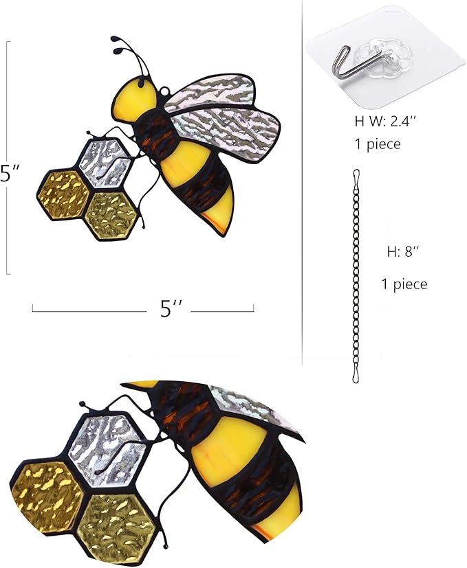 Bee On Honeycomb Stained Glass Window Hangings, Bees Suncatcher Garden Bee Decor Gift for Mom Women