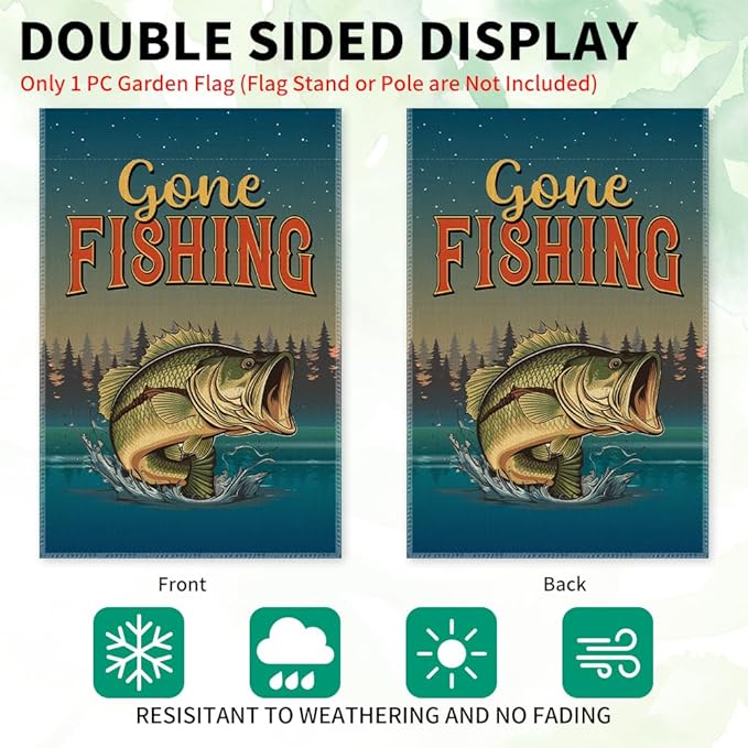 Gone Fishing Garden Flags, 12x18 in Double Sided Farmhouse Outdoor Lawn Decor Yard Flag Gifts, Lake House D閏or, Bass Fishing Banner for Fisherman, Angler Home Flag Gifts for Fisher