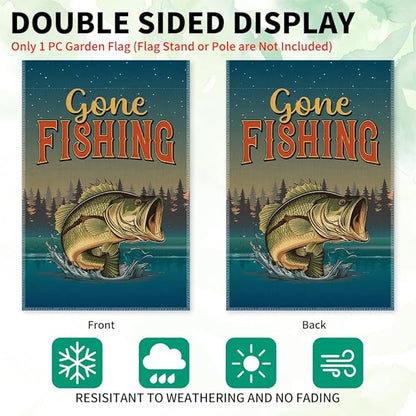Gone Fishing Garden Flags, 12x18 in Double Sided Farmhouse Outdoor Lawn Decor Yard Flag Gifts, Lake House D閏or, Bass Fishing Banner for Fisherman, Angler Home Flag Gifts for Fisher