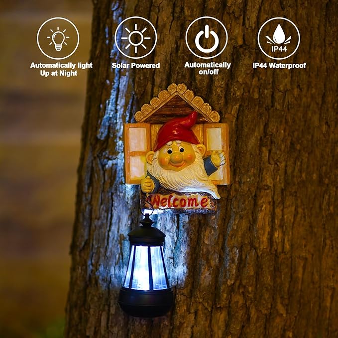 Goodeco Gnome Tree Hugger with Solar Lantern - Garden Gnome for Outside Decor,Tree Face Garden Statue,Gift idea 5.5x10.6 inch