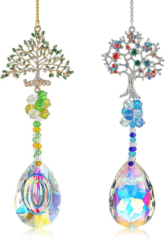 Crystal Suncatchers Window Crystals Hanging Suncatcher Colorful Glass Beads Chain Wind Chimes for Garden Outdoor Pendant Home Decor Gifts (2Pack- Tree of Life)