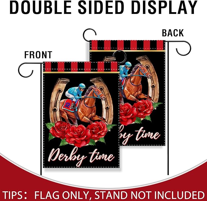 Artofy Derby Time Horse Racing Small Decorative Garden Flag, Kentucky Jockey Rose Flower Black Red Yard Lawn Outside Decor, Horseshoe Burlap Outdoor Home Decoration Double Sided 12 x 18