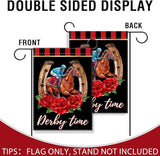 Artofy Derby Time Horse Racing Small Decorative Garden Flag, Kentucky Jockey Rose Flower Black Red Yard Lawn Outside Decor, Horseshoe Burlap Outdoor Home Decoration Double Sided 12 x 18