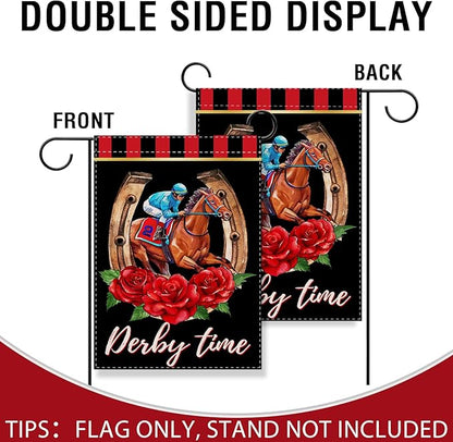 Artofy Derby Time Horse Racing Small Decorative Garden Flag, Kentucky Jockey Rose Flower Black Red Yard Lawn Outside Decor, Horseshoe Burlap Outdoor Home Decoration Double Sided 12 x 18