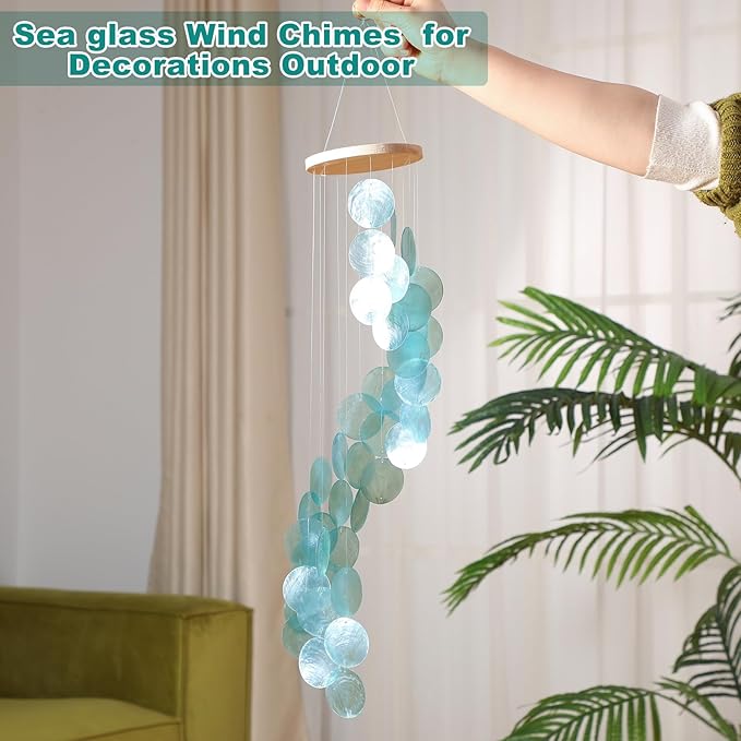 Wenqik Sea Glass Shell Wind Chimes for Outside Seaglass Capiz Windchime Spiral Wind Chimes for Women Beach Holiday Summer Gift Indoor Outdoor Home Housewarming Garden Decor(Blue)